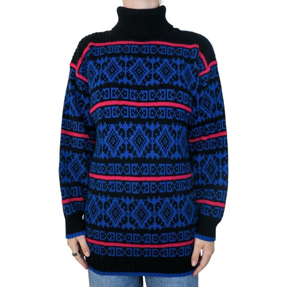 Vintage 80s Geometric Turtleneck Sweater - Picture 1 of 6